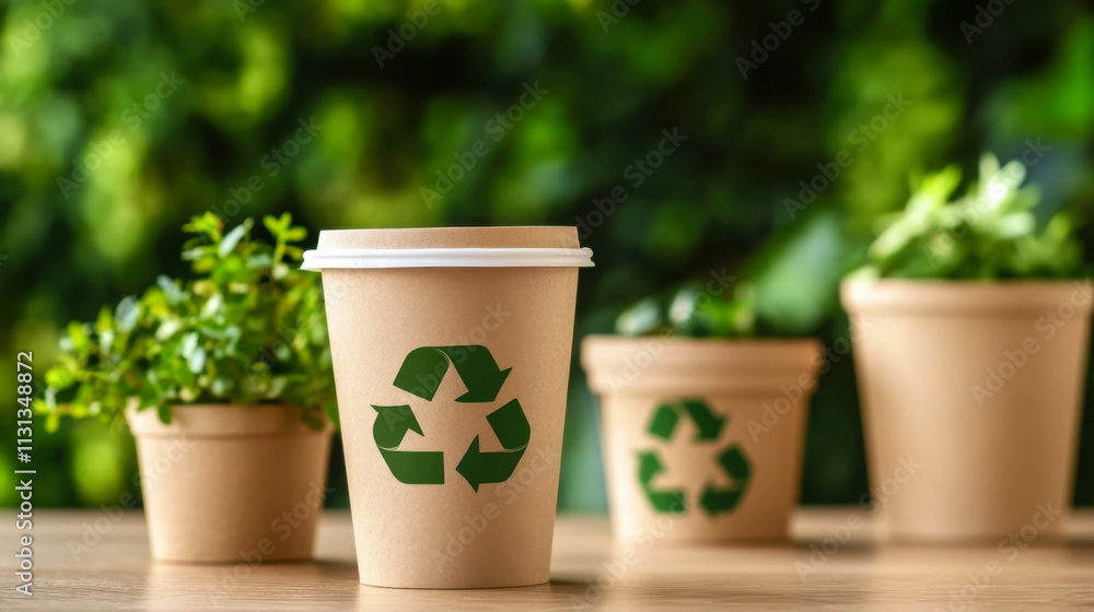 Fototapeta premium Paper cup with a recycling sign on the background