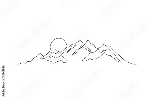 Mountains and sun - continuous line drawing. One line mountain range landscape background. Rocky peaks in simple linear style. Minimalist illustration of sunset in the mountains