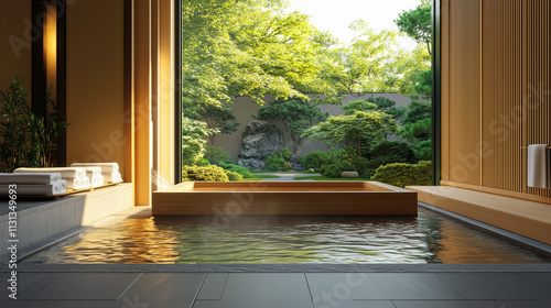 A Japanese-inspired onsen with a soaking tub overlooking a zen garden