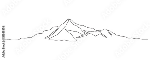 Mountain - continuous line drawing. One line mountain range landscape background. Rocky peaks in simple linear style. Black and white minimalist mountain illustration
