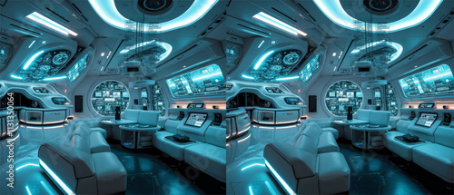 Side by side stereoscopic 3D image of a futuristic blue spaceship bridge with curved consoles