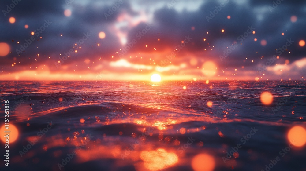 Obraz premium Fiery sunset over ocean with bokeh effect.