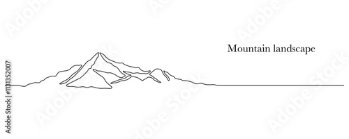 Mountain - continuous line drawing. One line mountain range landscape background. Rocky peaks in simple linear style. Black and white minimalist mountain illustration