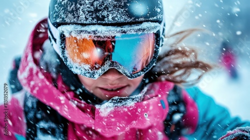 A skier braves the winter conditions, captured in an action-packed moment amidst falling snow, demonstrating both skill and exhilaration in a breathtaking alpine landscape. photo