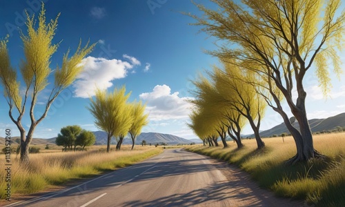 A row of slender willow branches stretching along the winding country road amidst a bright blue sky, willows, gentle curves photo