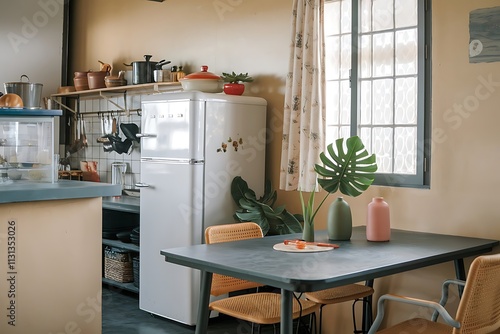 Dining table in interior of kitchen with fridge and counter