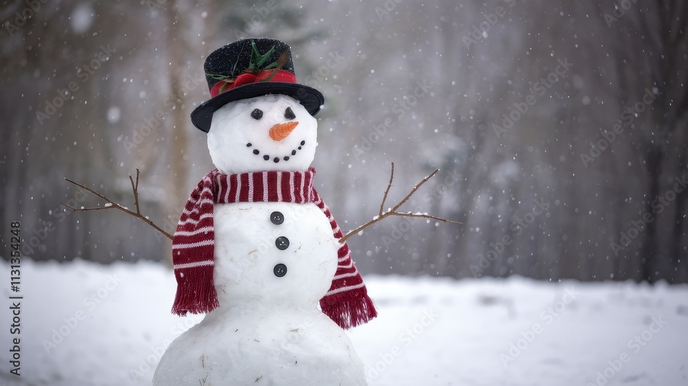 Fototapeta premium Smiling snowman with black top hat and holly in festive setting
