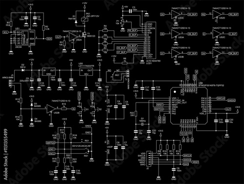 Schematic diagram of digital electronic device 
on paper sheet. Vector drawing electrical circuit with 
integrated circuit, micro controller,
operational amplifier, memory chip,
capacitor, resistor.