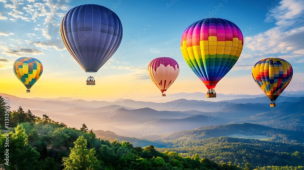 Fototapeta premium A vibrant, colorful hot air balloons over a scenic valley 