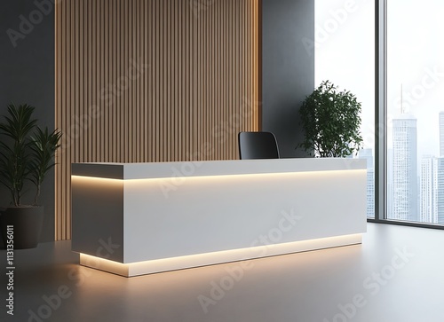 3D model of a white reception desk in a modern office setting, featuring wooden wall panels and wide panoramic windows photo