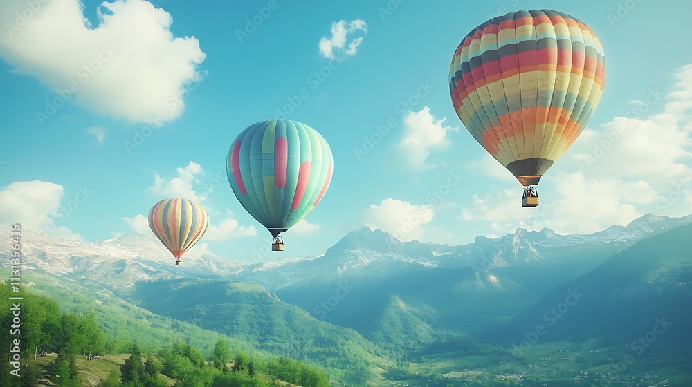 Fototapeta premium A vibrant, colorful hot air balloons floating over a mountain valley 