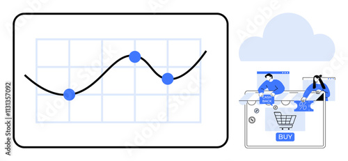 Graph with fluctuating line and data points beside e-commerce icons including cart, buy button, and people shopping. Ideal for business, analytics, e-commerce, marketing, technology, online shopping