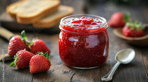 Wallpaper Mural Sweet and healthy strawberry fruit jam in a glass jar on a wooden kitchen table next to the spoon and a whole grain bread Torontodigital.ca