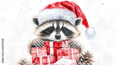 cute funny raccoon in santa hat with presents, christmas holiday watercolor illustration