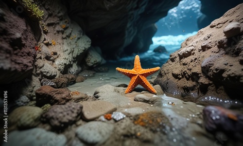 A starfish hiding in a crevice between two large rocks under the sea, rock formations, marine life, underwater