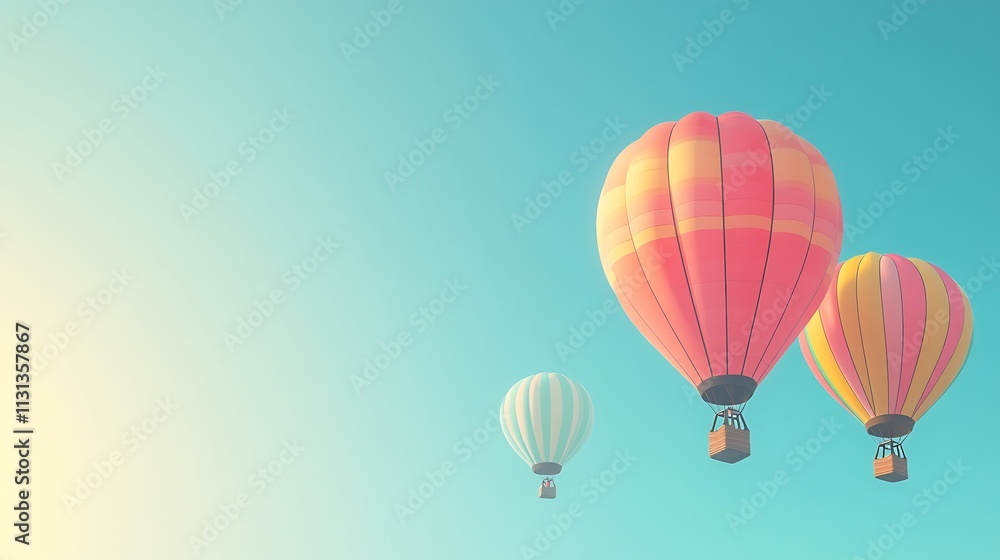 Obraz premium A vibrant, colorful hot air balloons floating over a mountain valley with a clear area for text