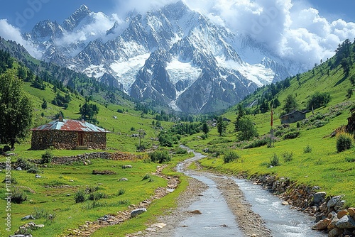 Haramosh - a 7000m peak in the Karakoram Range with stunning lush green meadows, forests and water streams  photo