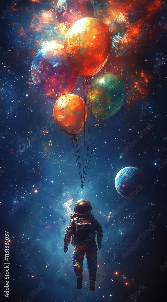 Naklejka premium A lone astronaut adrift in a cosmic expanse, tethered to vibrant, multicolored balloons floating amidst nebulae and distant planets; a surreal, dreamlike journey.