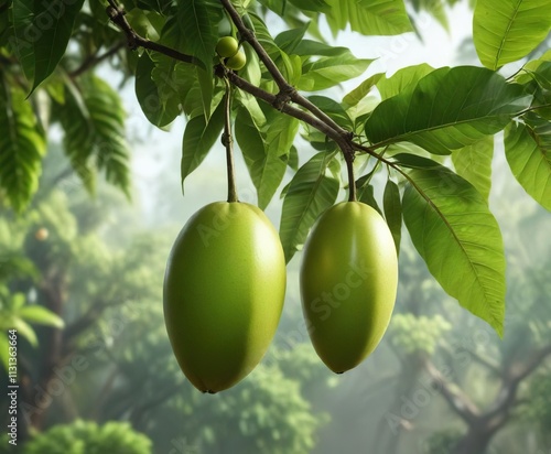 A single green mango hanging from a branch of a tree with leaves , tropical, nature