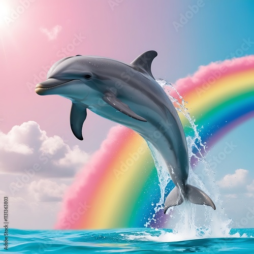 Dolphin with rainbow in the background and the sun behind it.