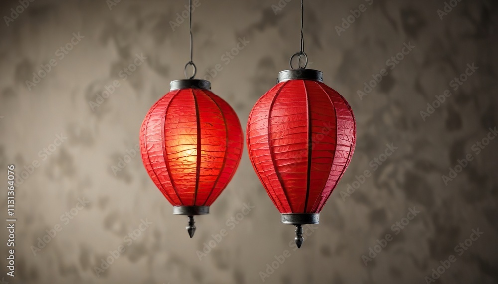 Fototapeta premium A small, red, paper lantern-like ornament hanging from a thin wire, crimson hue, colorful embellishment