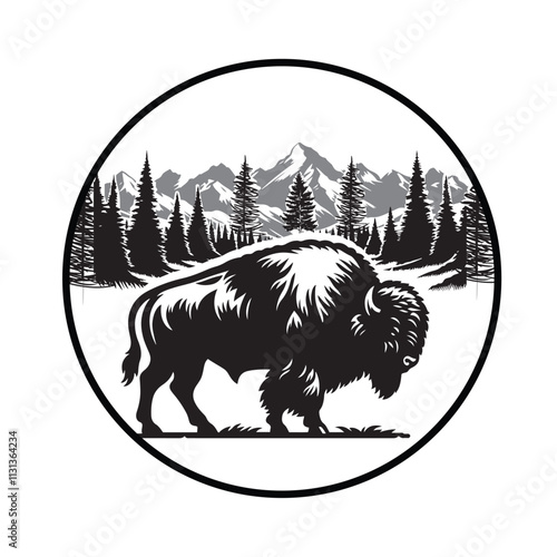 bison, pine tree, and mountain vector silhouette
