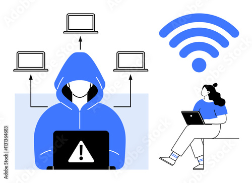 Hooded figure with laptop and warning sign hacking multiple computers, woman using tablet near wireless symbol. Ideal for cybersecurity, hacking, data protection, online safety, digital threats