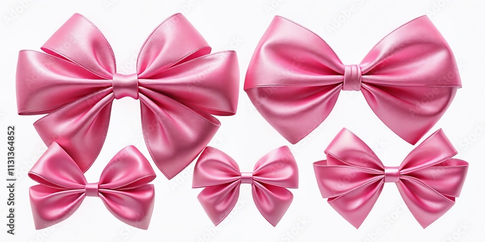 Charming 3D pink bow collection, featuring glossy ribbons. Ideal for gift wrapping at baby showers, these decorations add elegance to any baby girl celebration on a white background. Charming 3D pink bow collection, featuring glossy ribbons. Ideal for gift wrapping at baby showers, these decorations add elegance to any baby girl celebration on a white background.