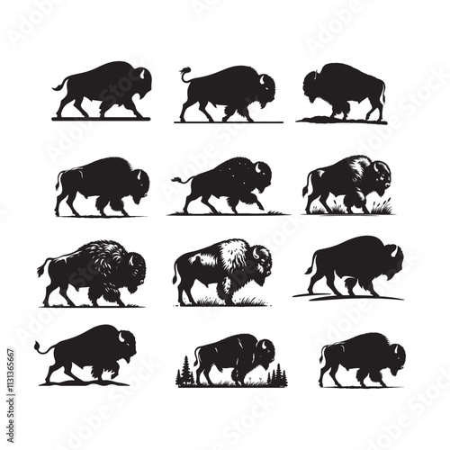 bison, pine tree, and mountain vector silhouette