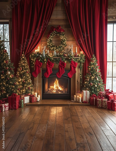A Christmas-themed photography backdrop with red curtains, wooden floors, and a decorated fireplace surrounded by presents, candles, and three