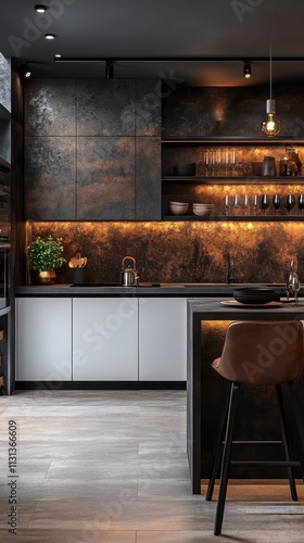  Dark Wood Kitchen, Textured Cabinetry & Glass Elements, Brightly Lit for Commercial Use