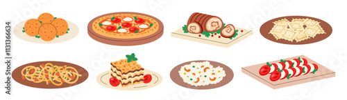 Set Italian cuisine, food, dish. Pizza, lasagna, pasta tagliatelle bolognese, ravioli, risotto, arancini, porchetta, caprese. Sticker collection, design element. Vector illustration