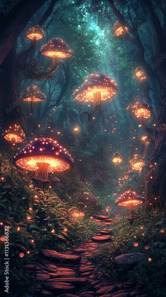 Fototapeta premium game background A magical forest lit by bioluminescent plants, glowing mushrooms, and sparkling fairy lights