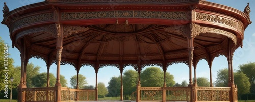 Detailed view of a traditional British bandstand with intricate carvings and gabled roof, gabled roof, UK photo