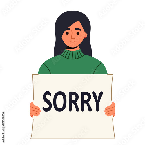 A young woman, dressed in green casual clothes, holding sign saying SORRY. Apologize or say sorry, regret for what happen asking for forgiveness concept. Vector flat illustration isolated on white