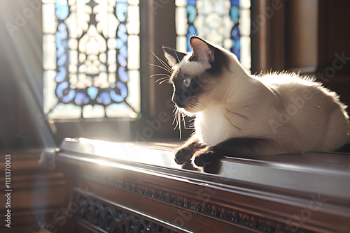 luxurious siamese cat composition, a elegant siamese cat reclines on a mahogany grand piano, highlighted by a gentle window light and ornate woodwork photo