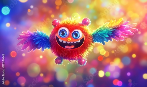 Joyful Rainbow Creature Soaring Through Festive Lights