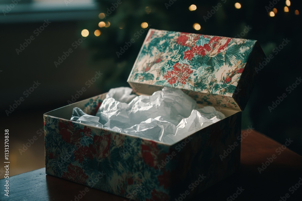 Fototapeta premium A beautifully wrapped gift box sits ready for the holidays. The intricate design invites curiosity. Celebrate the joy of giving and receiving gifts. Generative AI.