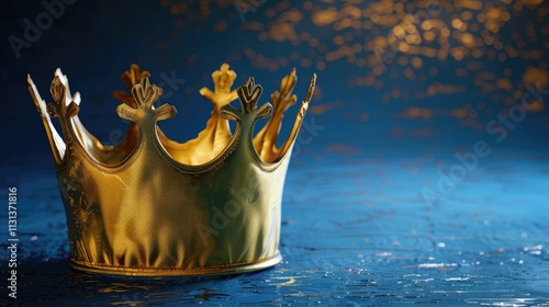 A majestic golden crown emblem set against a regal royal blue background with subtle texture photo