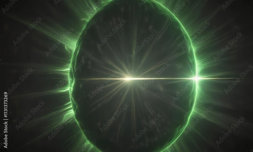Obraz premium A single bright green flash on a dark background with the sun clearly in focus and light emanating outward in a radial pattern , camera artefact, glowing speck, sunlight