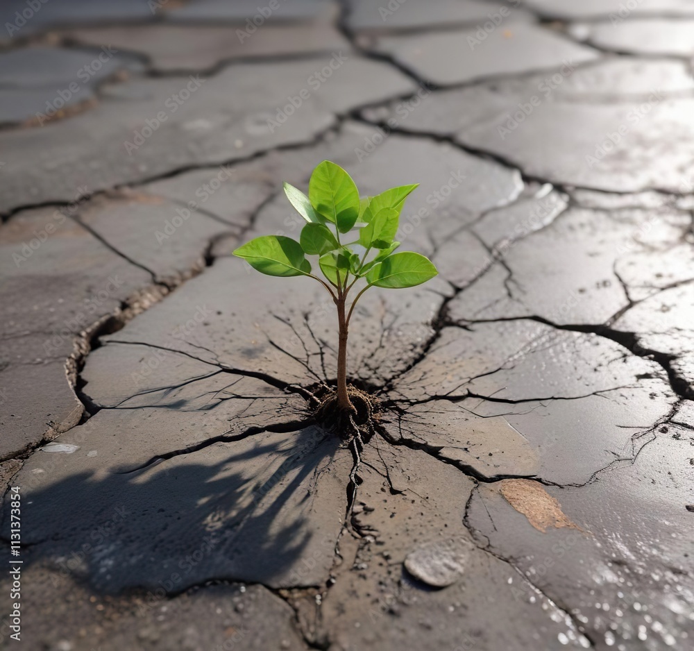 Obraz premium A small tree sprouts from the surface of a cracked concrete slab, tiny trees, natural resilience, vertical growth