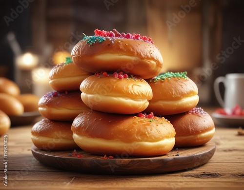 A stack of fluffy mandazi doughnuts on a wooden table, fluffy texture, stacked treats photo