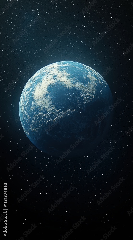 Obraz premium Stunning view of Earth from space, showcasing its beautiful blue oceans and swirling clouds against a backdrop of twinkling stars. Perfect for science, travel, or environmental themes.