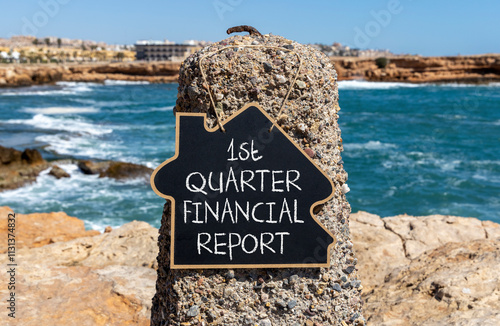 1st quarter financial report symbol. Concept words 1st quarter financial report on beautiful black blackboard. Beautiful stone background. Business 1st quarter financial report concept. Copy space. photo