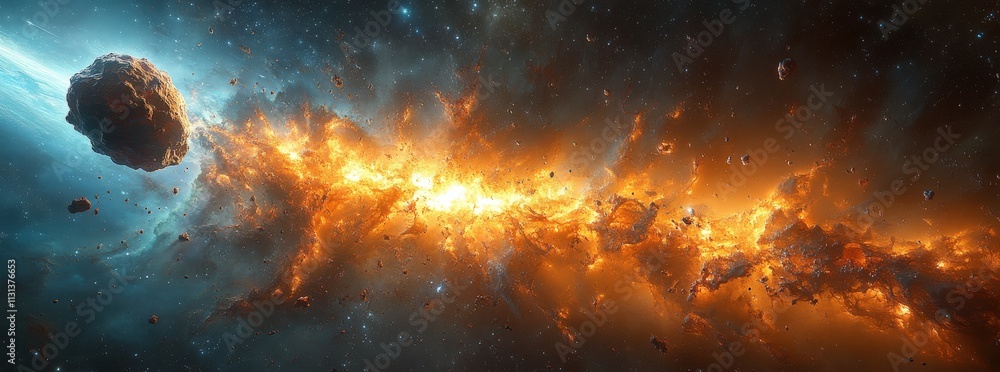Fototapeta premium Fiery cosmic collision, asteroid impact, nebula explosion, space debris, fiery gas and dust clouds, vibrant colors, intense light, dramatic scene.