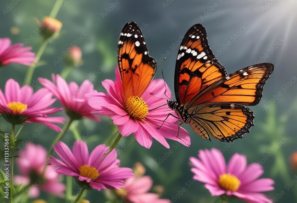 Fototapeta premium Delicate butterfly perched on a vibrant cosmos flower, colorful flowers, nature