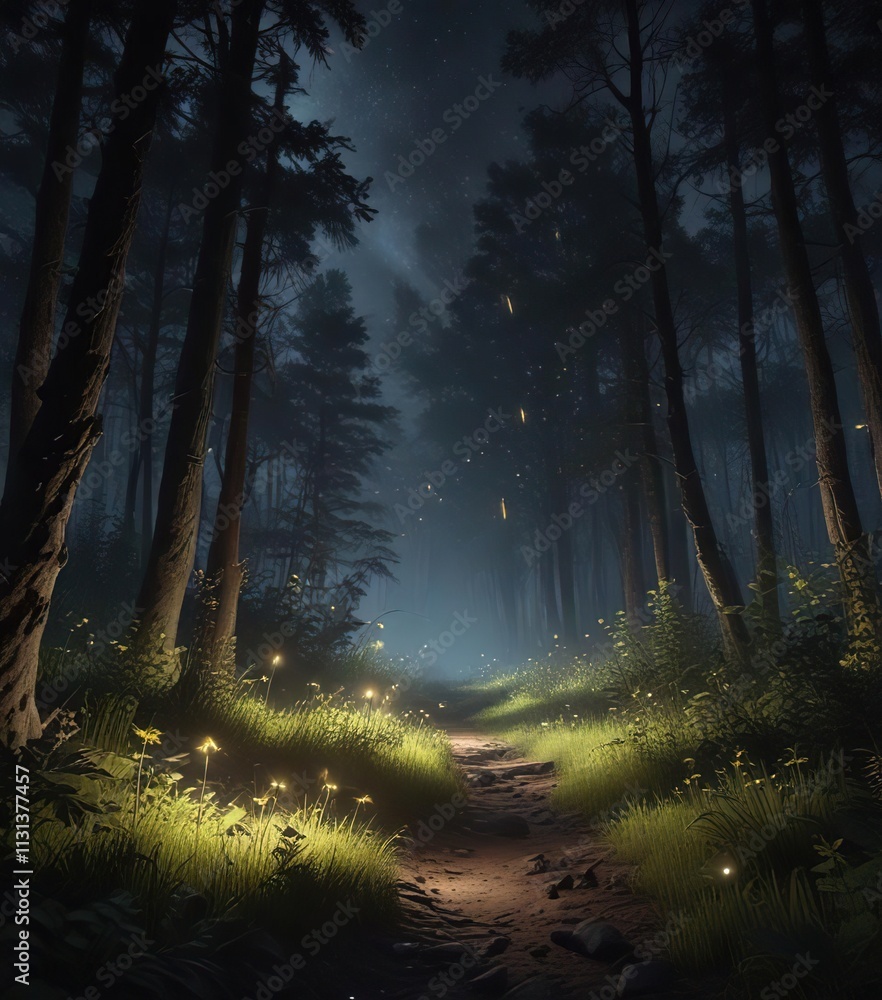 Obraz premium Fireflies lighting up the darkness of a forest night, bioluminescence, wildlife