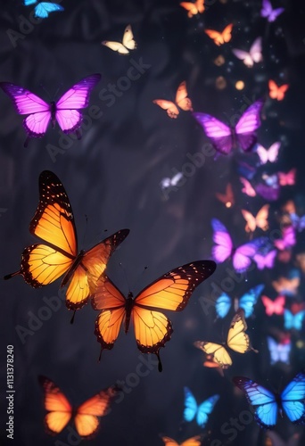 Individual butterfly lights flying separately with vibrant colors, abstract shape, airy texture, individual butterfly photo