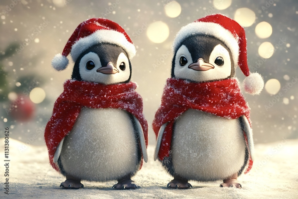 Fototapeta premium Two cute penguins wearing santa hats and red scarves stand on a snowy surface as gentle snowflakes fall around them, creating a heartwarming christmas scene