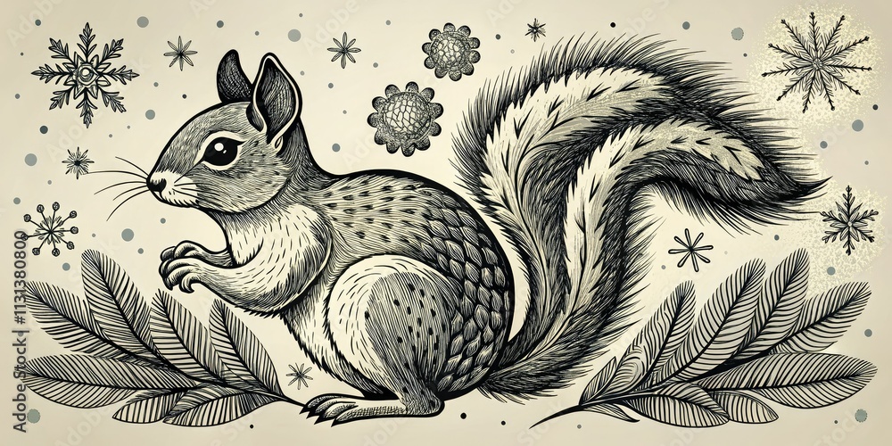 Fototapeta premium Charming hand-drawn squirrel illustration perfect for Christmas decor, featuring a retro black and white sketch style. Ideal for holiday-themed products and festive decorations.
